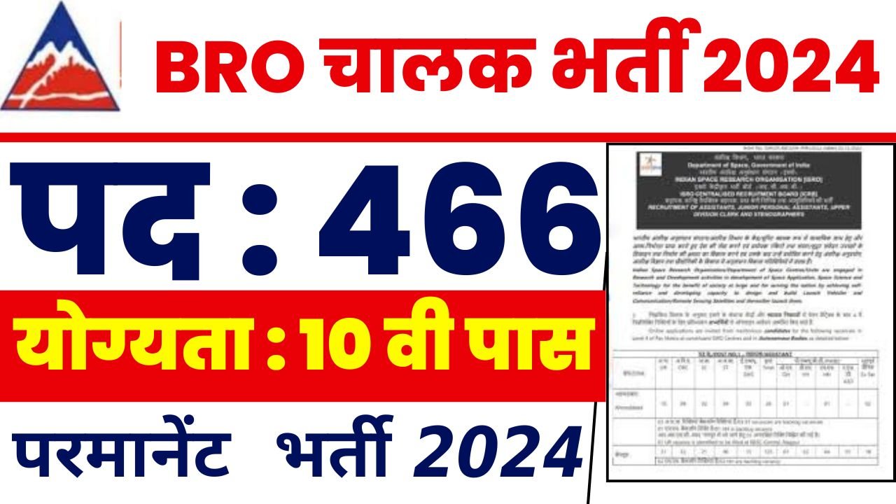 BRO Driver Vacancy : सीमा सड़क संगठन चालक वैकेंसी 2024 पदों पर अधिसूचना, सिर्फ 10वीं पास योग्यता 